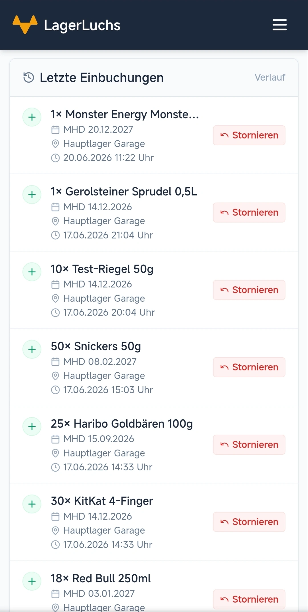 Letzte Einbuchungen